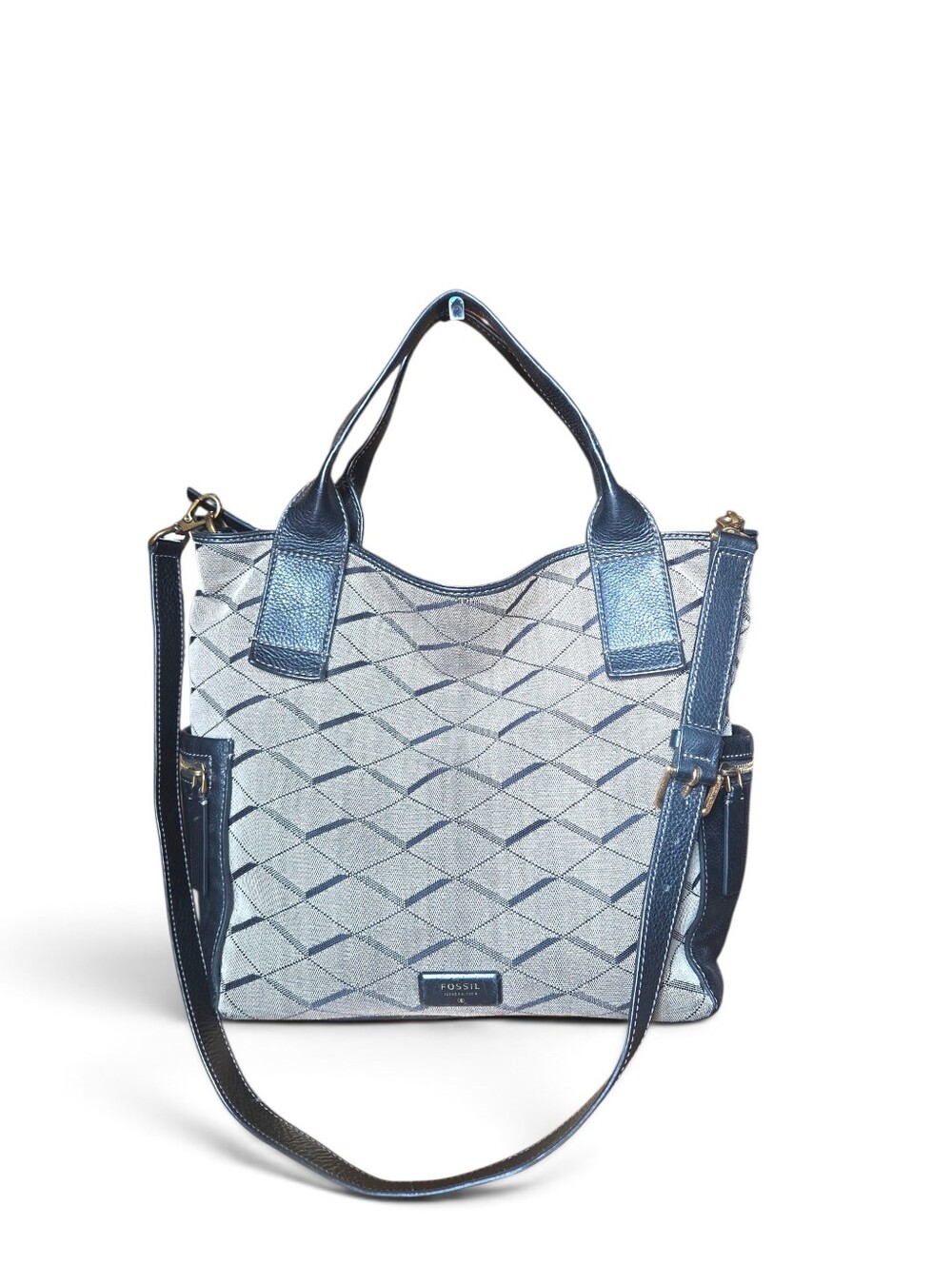 FOSSIL Emerson Geometric Patterned Jaquard + Leather Shoulder Satchel Handbag